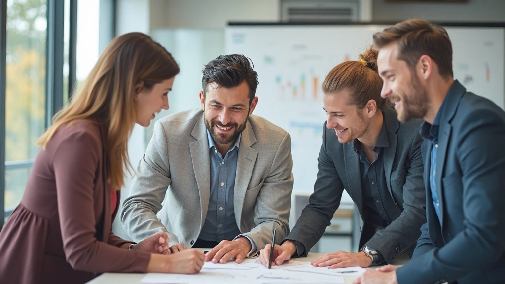Equipo reunido alrededor de una mesa con gráficos y diagramas de análisis