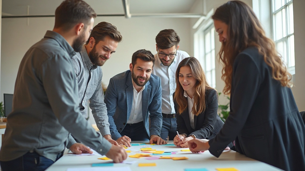 Equipo diverso de profesionales en una sala de reuniones colaborando alrededor de una mesa con notas adhesivas de colores