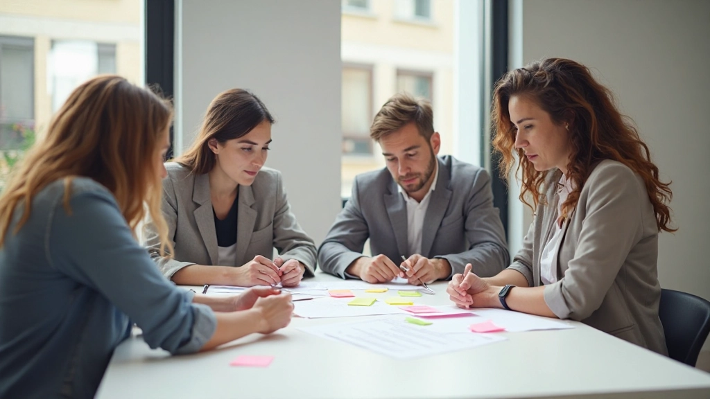 Equipo de profesionales colaborando en una mesa de trabajo con notas adhesivas y documentos de planificación