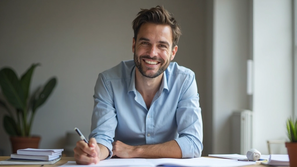 Profesional sonriendo después de completar una sesión de trabajo creativo, con documentos y notas sobre escritorio organizado