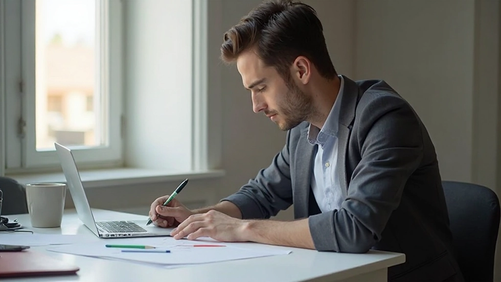 Persona usando laptop mientras consulta notas escritas a mano en papel, organizando su flujo de trabajo creativo
