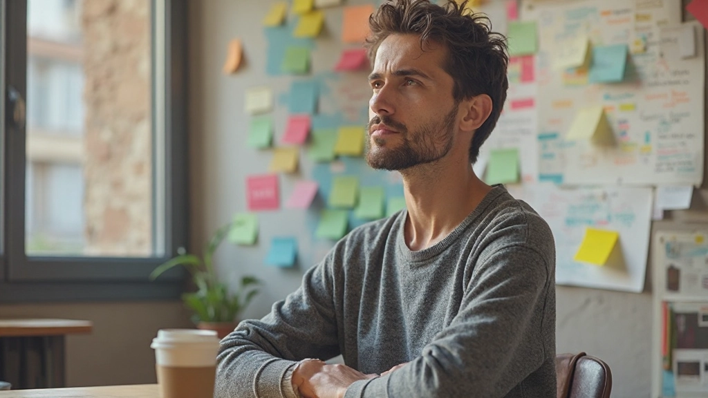 Persona trabajando en un escritorio con notas adhesivas de colores y una taza de café