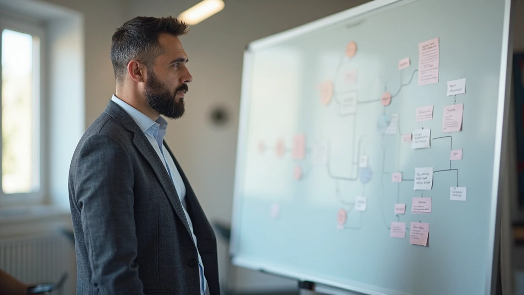 Profesional con mapas mentales visuales en su escritorio, organizando ideas y conexiones de forma creativa