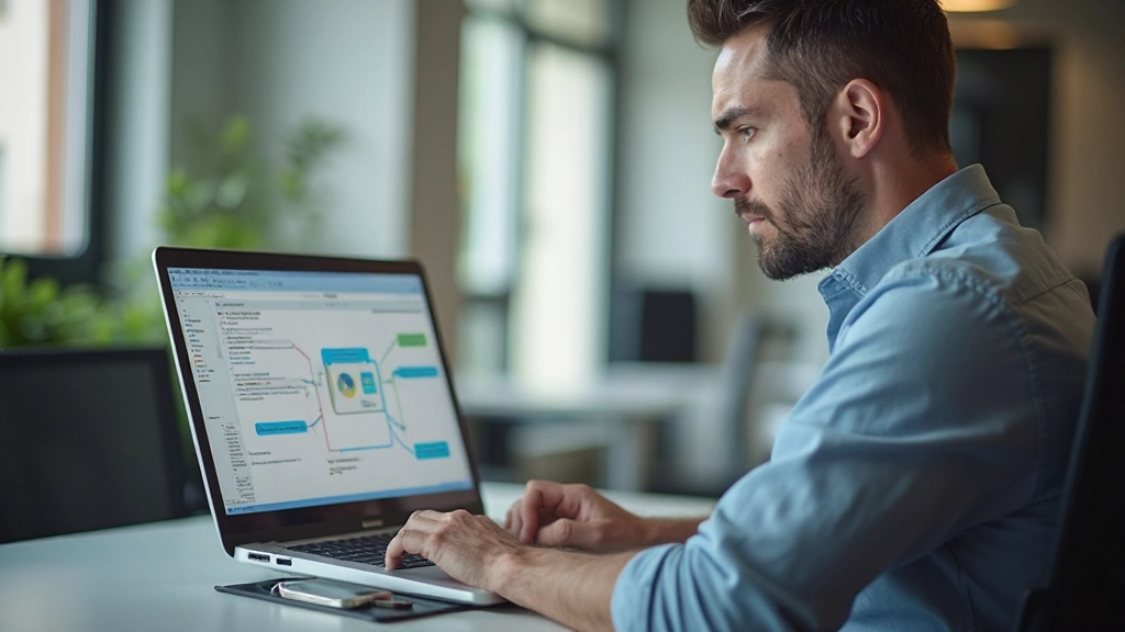 Pantalla de computadora mostrando software de mapas mentales con múltiples ramas y nodos interconectados
