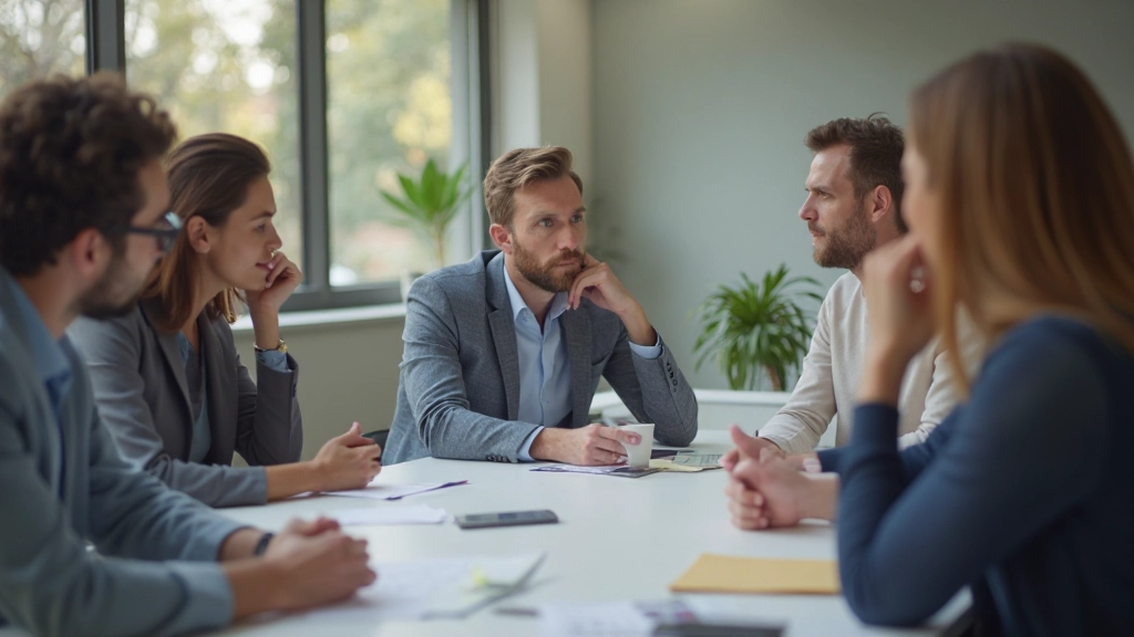 Reunión de equipo con algunos participantes desconectados, personas mirando teléfonos, falta de engagement en la sesión