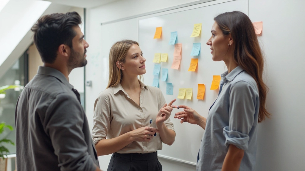 Equipo colaborativo en una sesión de trabajo creativa con pizarra blanca llena de notas adhesivas de colores