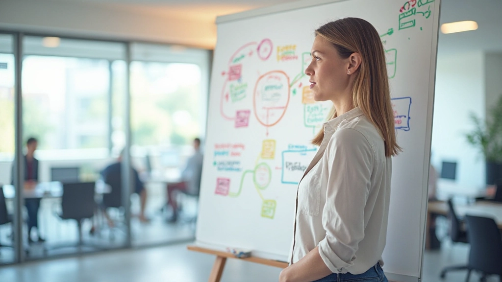 Pizarra blanca con diagrama de flujo y proceso de lluvia de ideas dibujado con marcadores de colores