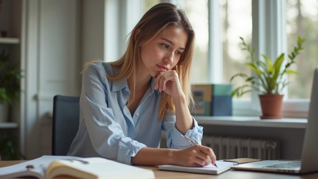 Persona escribiendo en un cuaderno mientras piensa, rodeada de material de trabajo y referencias, en ambiente tranquilo y creativo