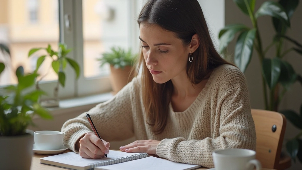 Profesional joven escribiendo en un cuaderno con enfoque intenso, rodeado de tazas de café y plantas verdes en escritorio moderno